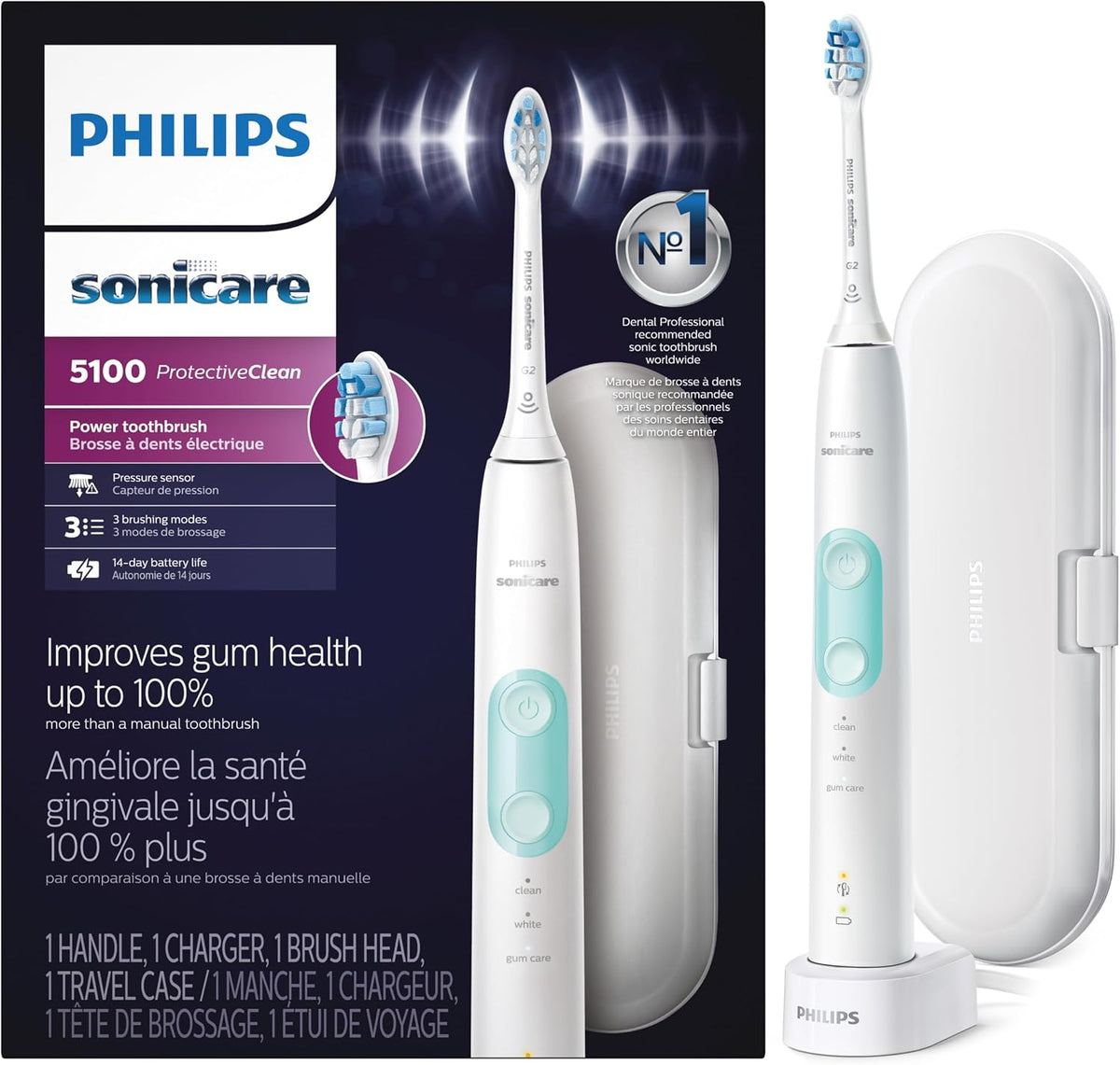 Philips Sonicare 5100 Rechargeable Electric Toothbrush, 1 Brush Head, White