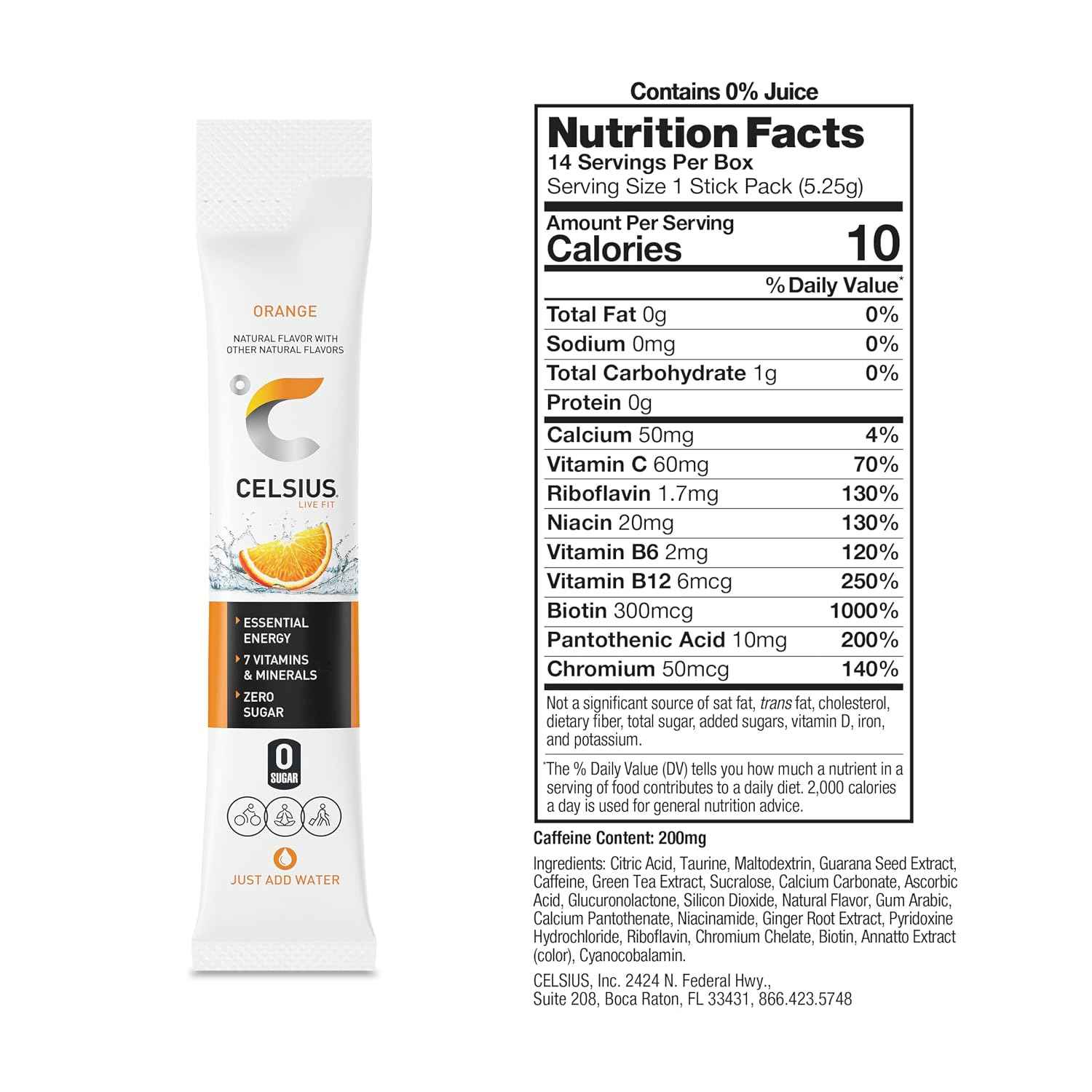 CELSIUS On The Go Orange, Sugar Free Energy Drink Mix (14 Sticks per Pack)