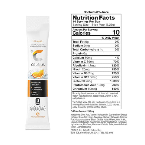CELSIUS On The Go Orange, Sugar Free Energy Drink Mix (14 Sticks per Pack)