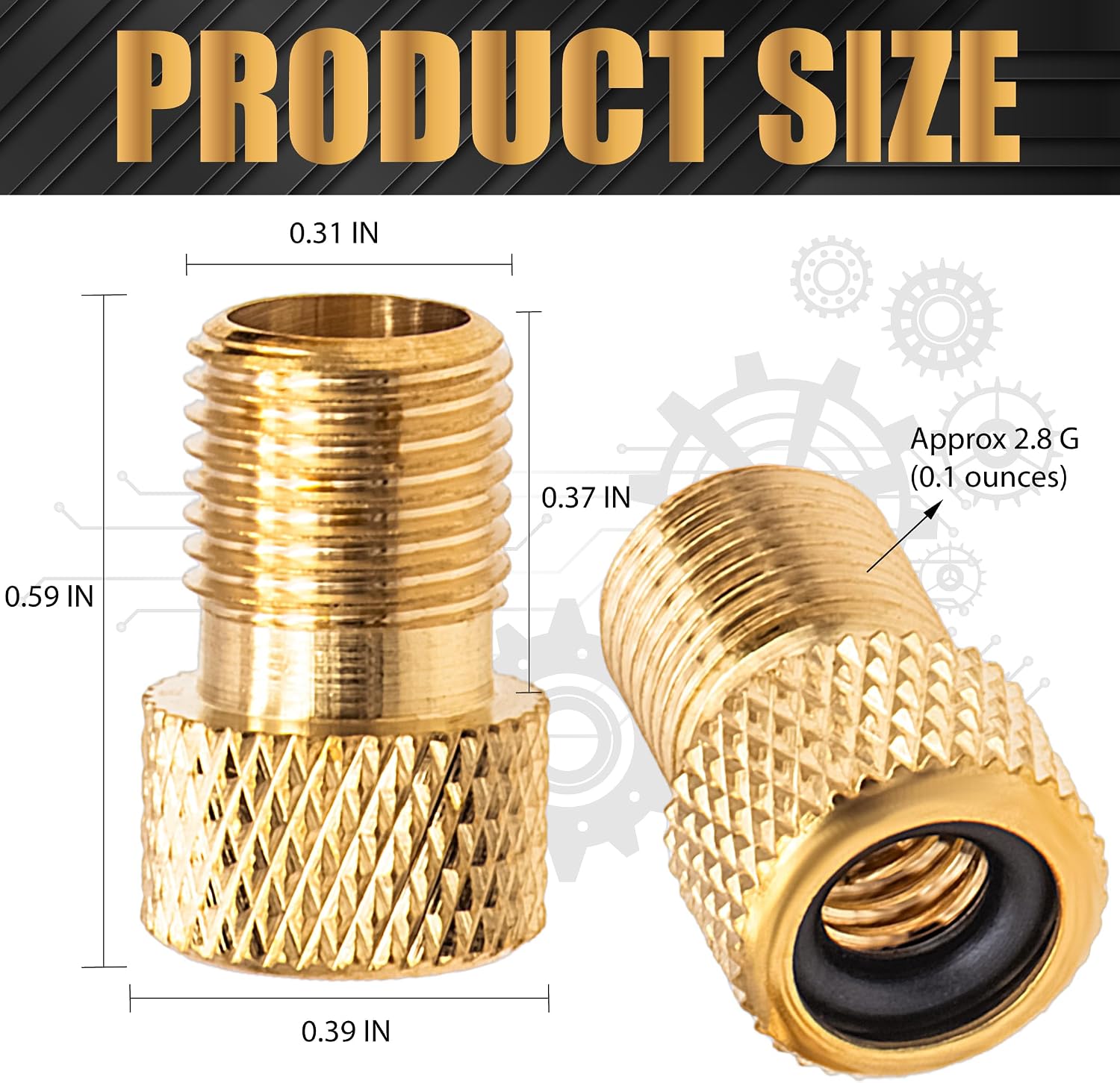 2PCS Brass Presta Valve Adapter, Convert Presta to Schrader Adaptor, Inflate Tire Using Standard Pump or Air Compressor for Bikes, 2 Pack Black Tire Valve Caps(Reticulated Grain Style)