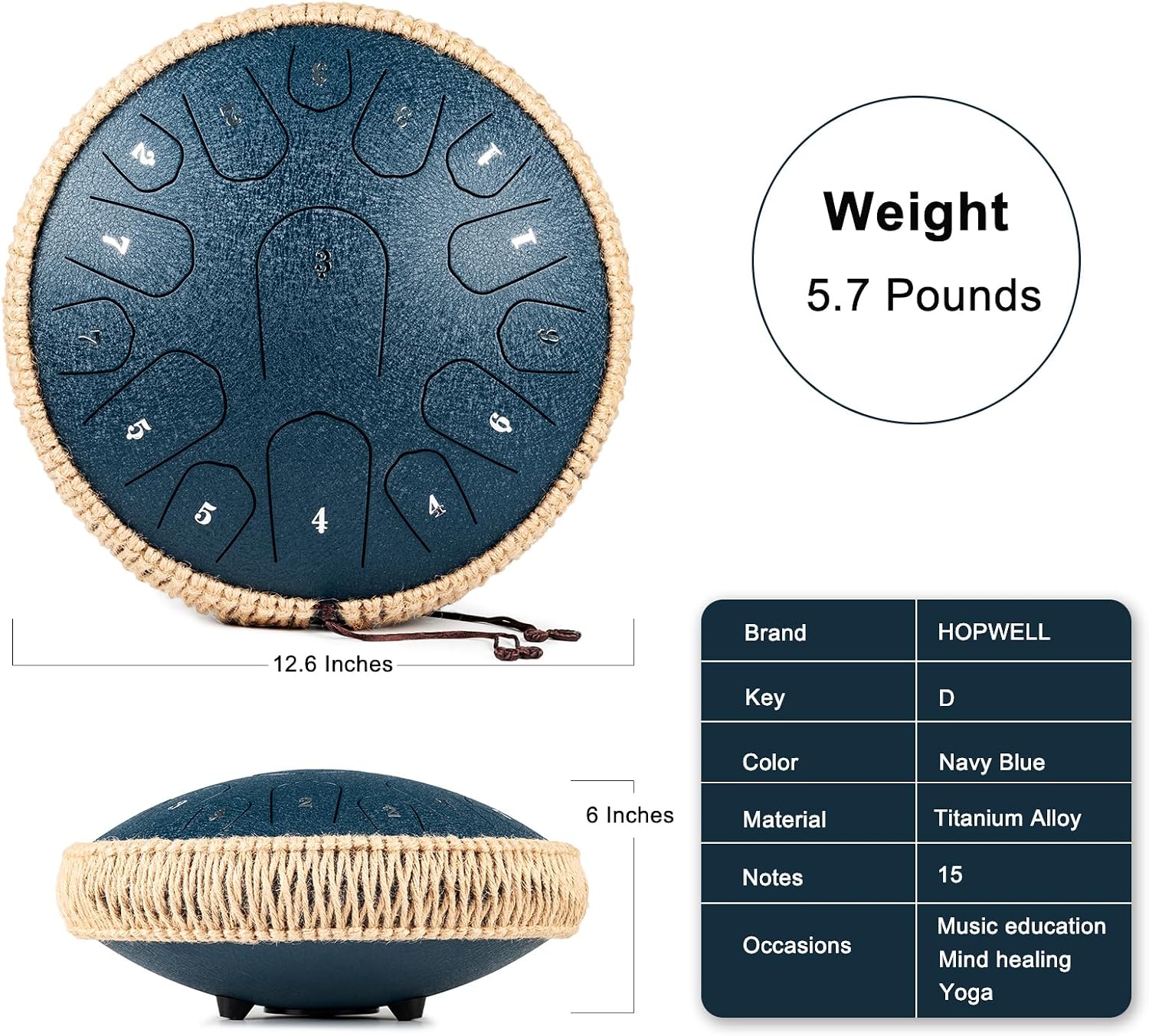 HOPWELL Steel Tongue Drum - 13 Inches 15 Notes Tongue Drum - Hand Pan Drum with Music Book, Handpan Drums Mallets and Carry Bag, D Major (Navy Blue)