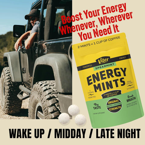 Viter Energy Caffeine Mints 40mg, Sugar Free, Spearmint, 8oz Bulk Bag
