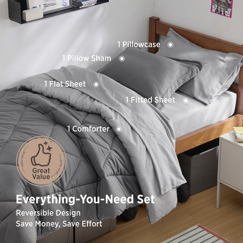 Bedsure Twin Comforter Set Reversible Bed Set 5 Pieces Grey/Light Grey