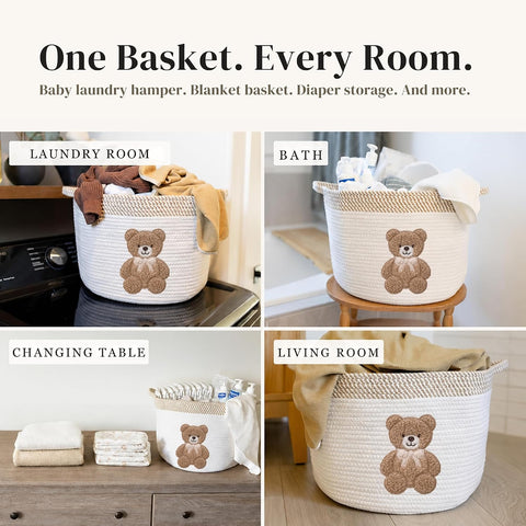 Teddy Bear Baby Storage Basket, Woven Cotton Rope Nursery Bin, 15x11 in