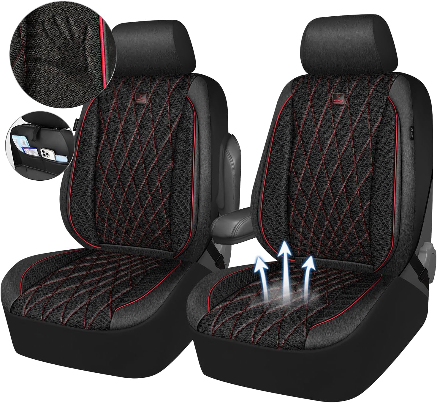 CAR PASS Thick Foam 3D Air Mesh Leather Car Seat Covers Front Seats Only, Breathable Premuim Leather Two Front Seat Cover, Airbag Compatible Universal Fit for 95% Sedan Van Truck SUV,Black and Red