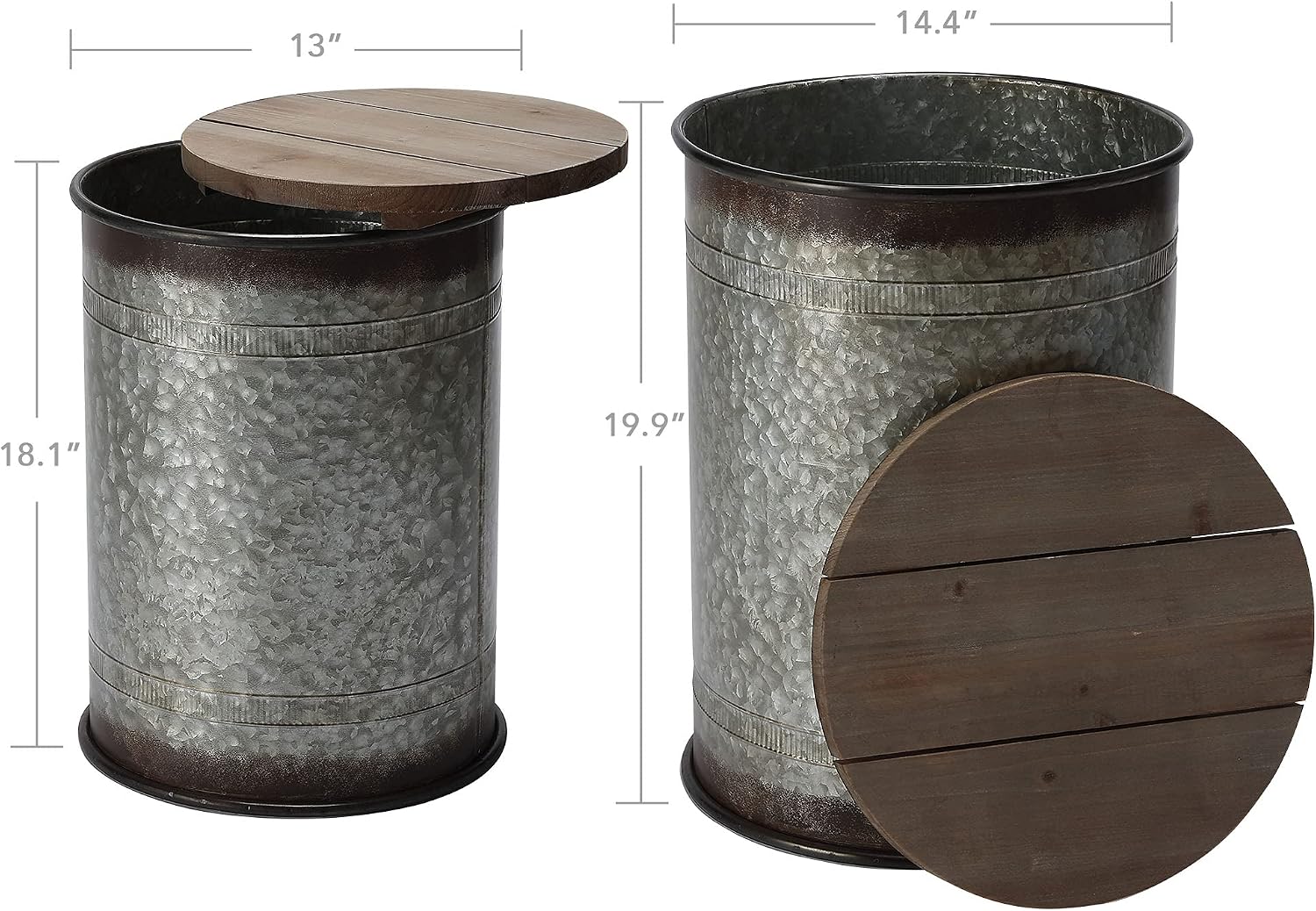 Rustic Storage Ottoman Seat Stool, Farmhouse Accent Side Table, Antique Galvanized Metal End Table Box Bin with Round Wooden Lid Set of 2 (Stand Galvanized)