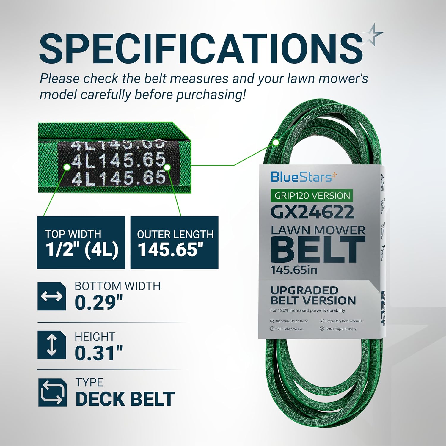 [Upgraded Grip120] BlueStars GX26422 Mower Deck Belt 1/2" x 145.65"
