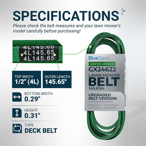 [Upgraded Grip120] BlueStars GX26422 Mower Deck Belt 1/2" x 145.65"