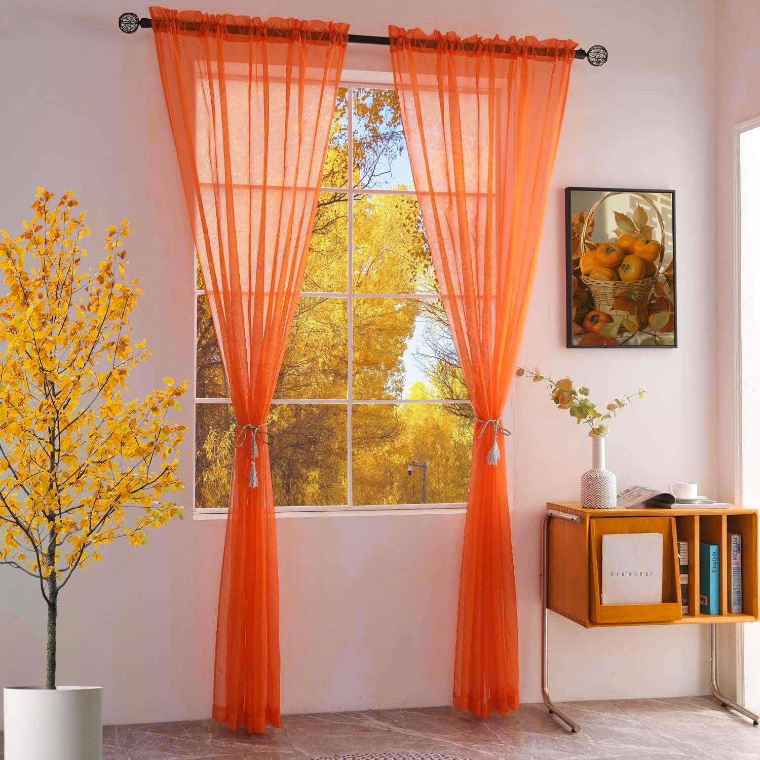 SpaceDresser Basic Rod Pocket Sheer Voile Window Curtain Panels Jaffa Orange 1 Pair 2 Panels 52 Width 63 Inch Long for Kitchen Bedroom Children Living Room Yard(Jaffa Orange,52 W x 63 L)