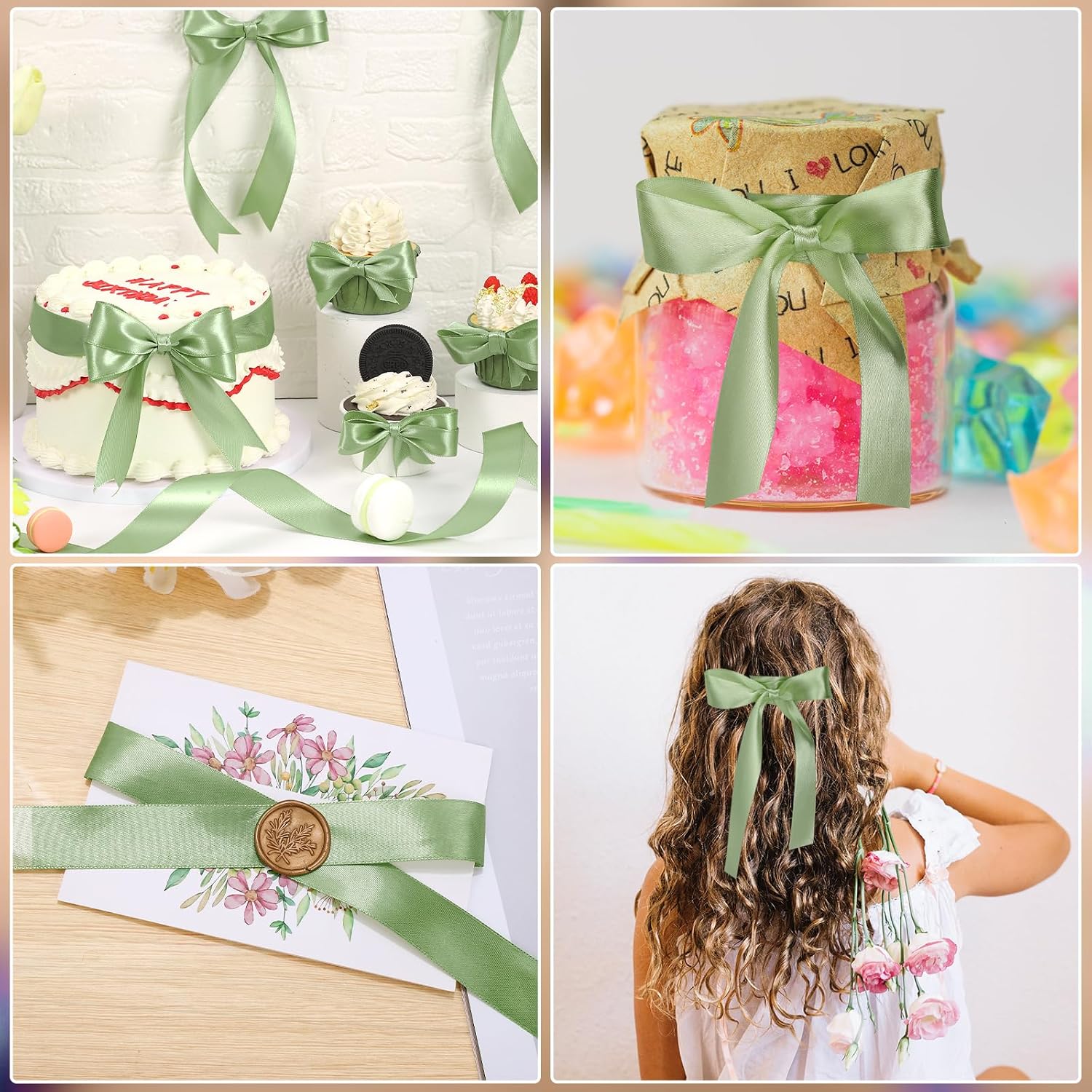woric Sage Green Satin Ribbon 1 Inch x 50 Yards Light Green Ribbon