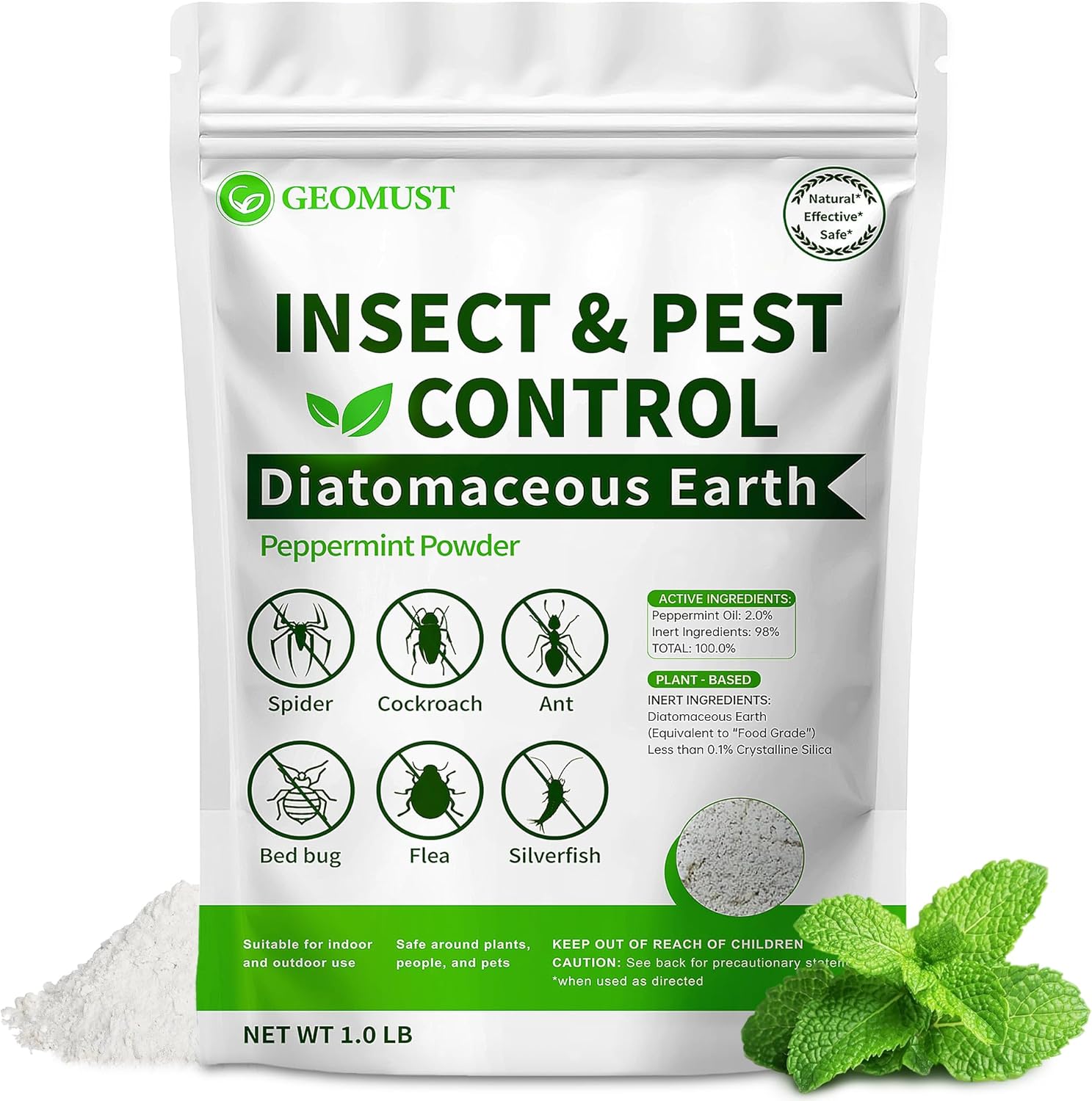 Diatomaceous Earth Food Grade and Peppermint Oil Insect Killer, Natural Crawling Pest Control for Home Garden, Kills Ants, Roaches, Fleas, Bed Bugs Silverfish, Indoor Outdoor Use, 1 lb