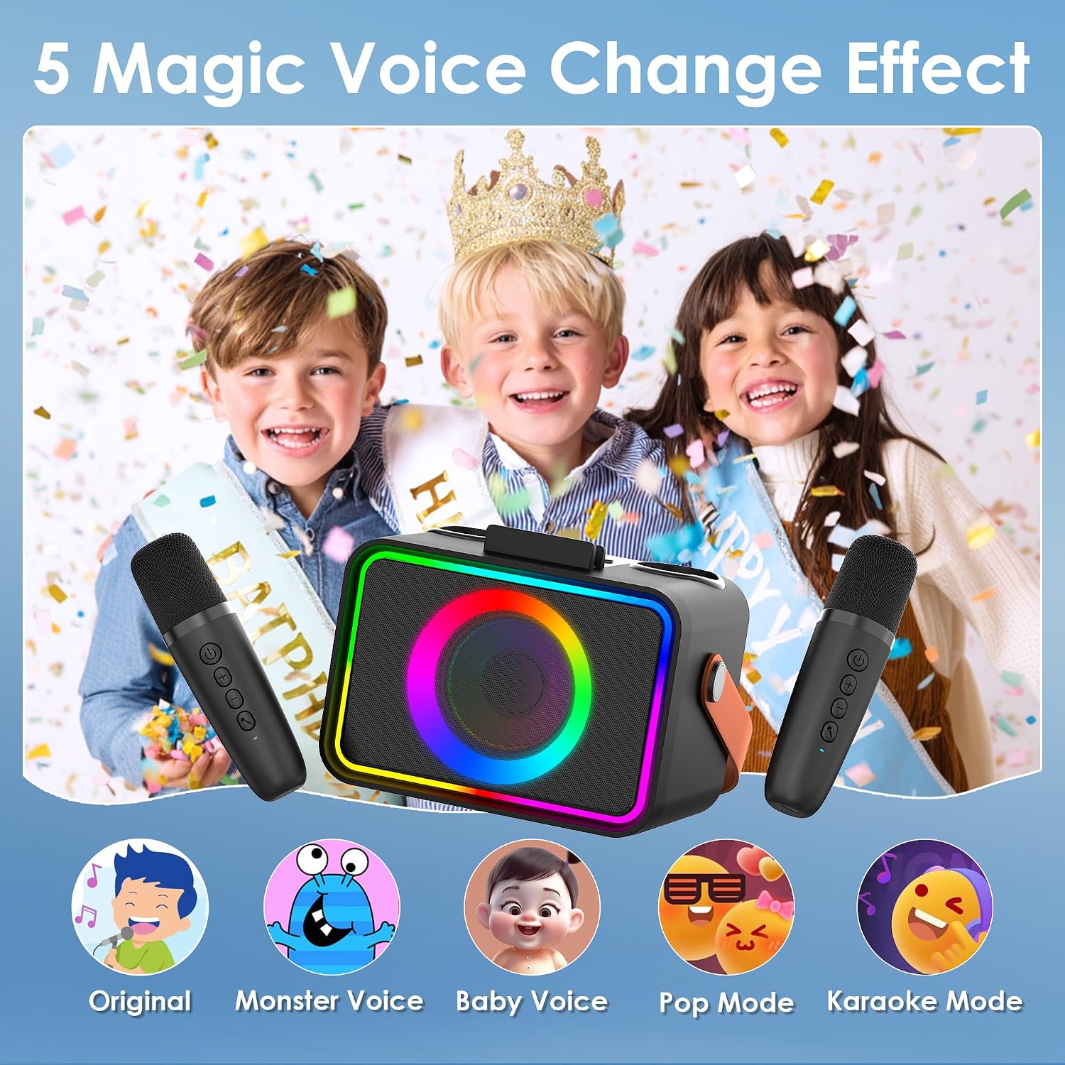 Karaoke Machine for Kids Adults,Portable Bluetooth Speaker with 2 Wireless Microphone with LED Lights, Karaoke Microphone with PA System Supports USB/TF/AUX,Gift for Party (Black)