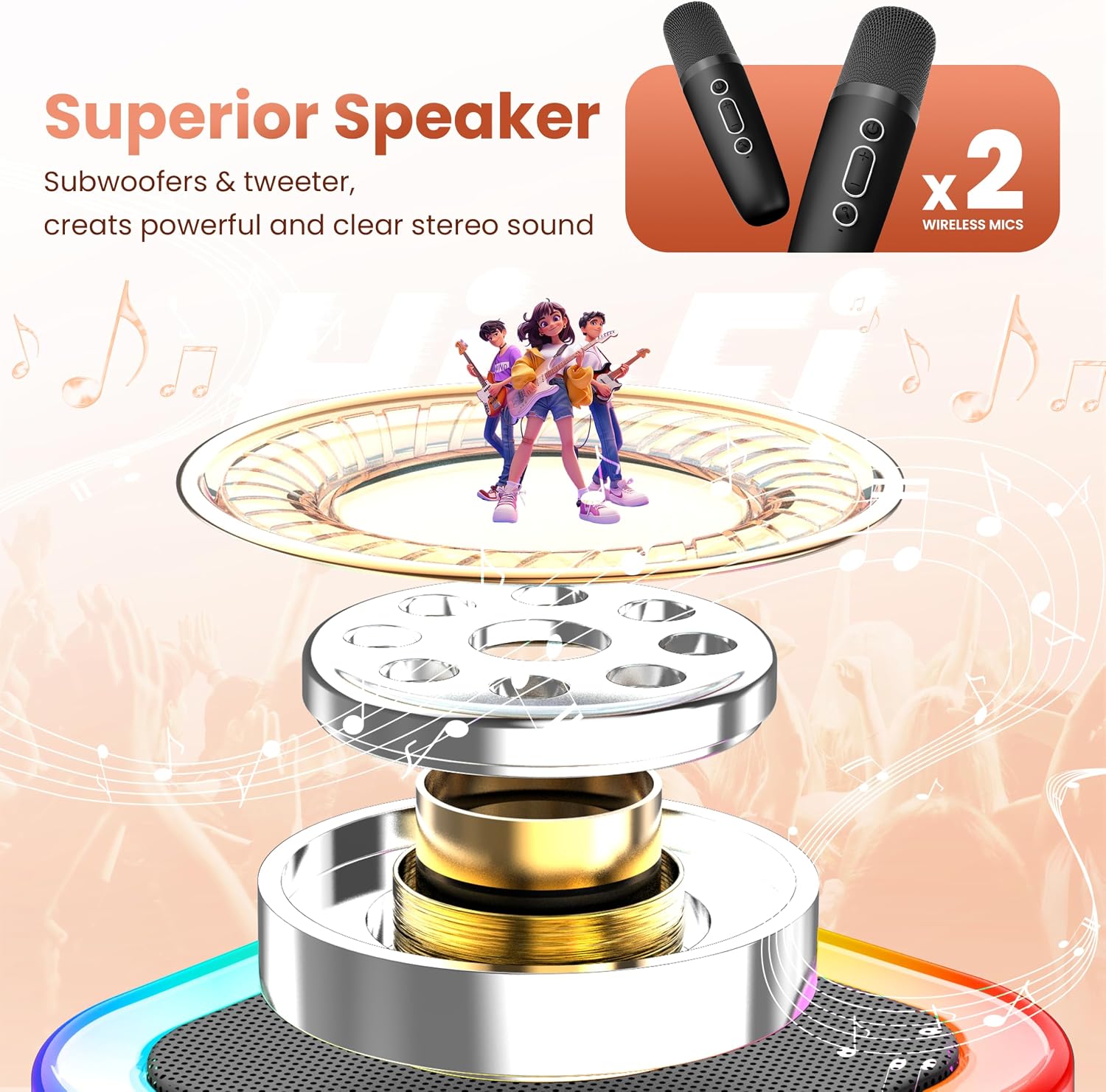 Karaoke Machine Kids Adults,Bluetooth Speaker with 2 Wireless Microphones
