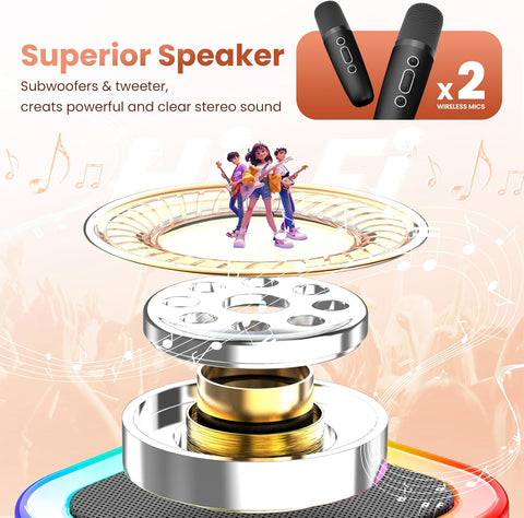 Karaoke Machine Kids Adults,Bluetooth Speaker with 2 Wireless Microphones