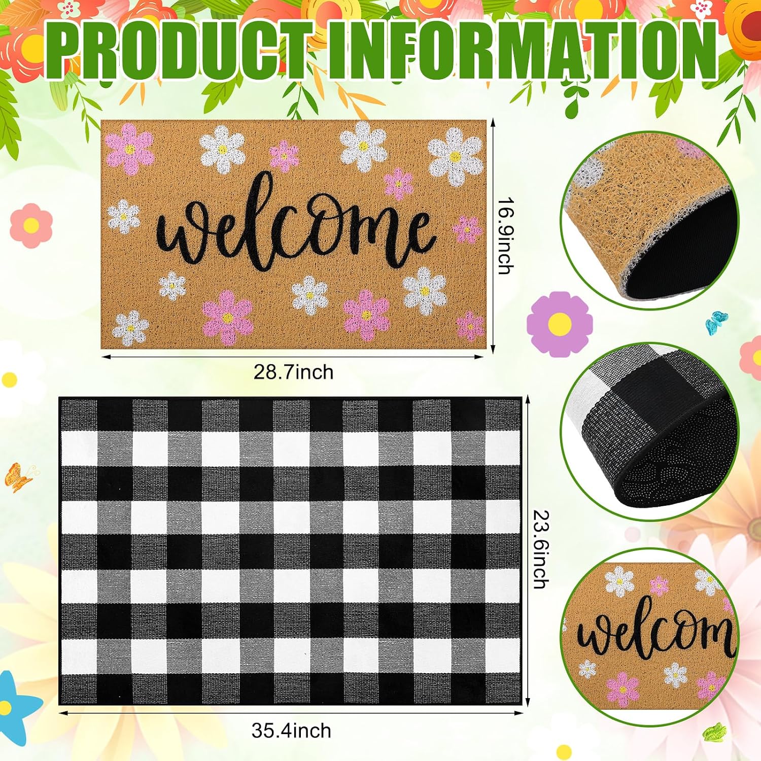 Tinideya 2 Pcs Spring Door Mat Outdoor Layered Pink Flower Welcome Mat