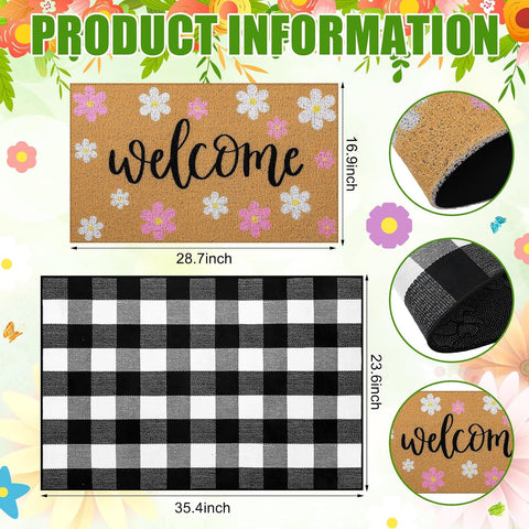 Tinideya 2 Pcs Spring Door Mat Outdoor Layered Pink Flower Welcome Mat