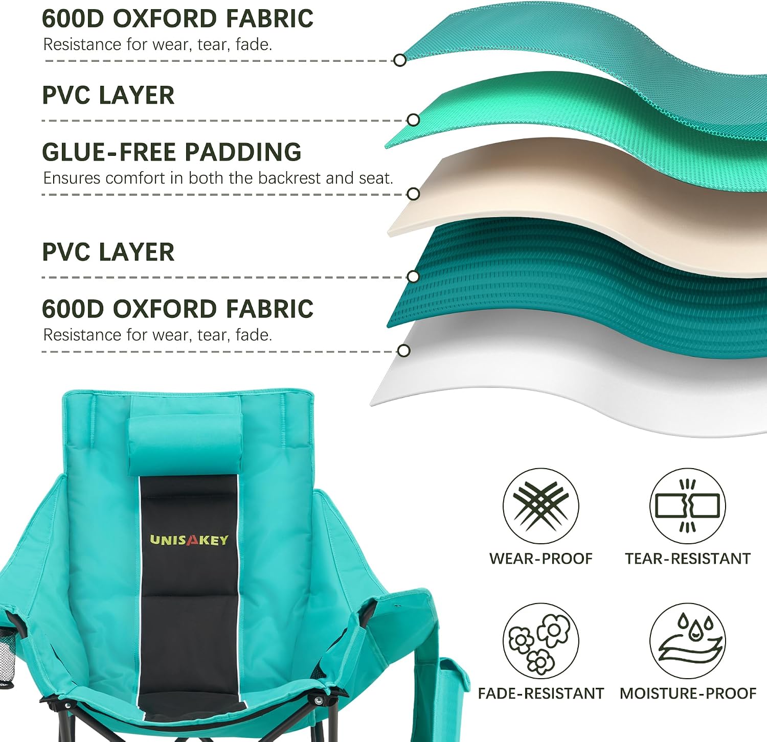 Unisakey Oversize Foldable Rocking Camping Chair300lbs Capacity,Green