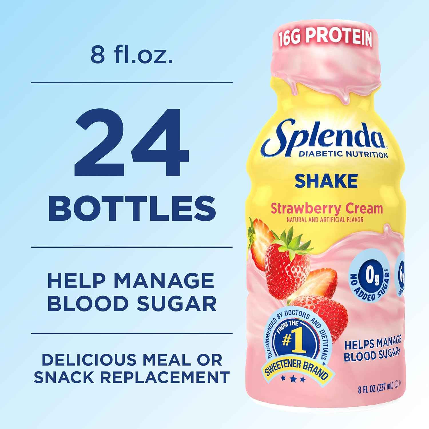 SPLENDA Diabetes Nutrition Shakes, Strawberry Cream, 8 Fl Oz (Pack of 24) | Meal Replacement Shake