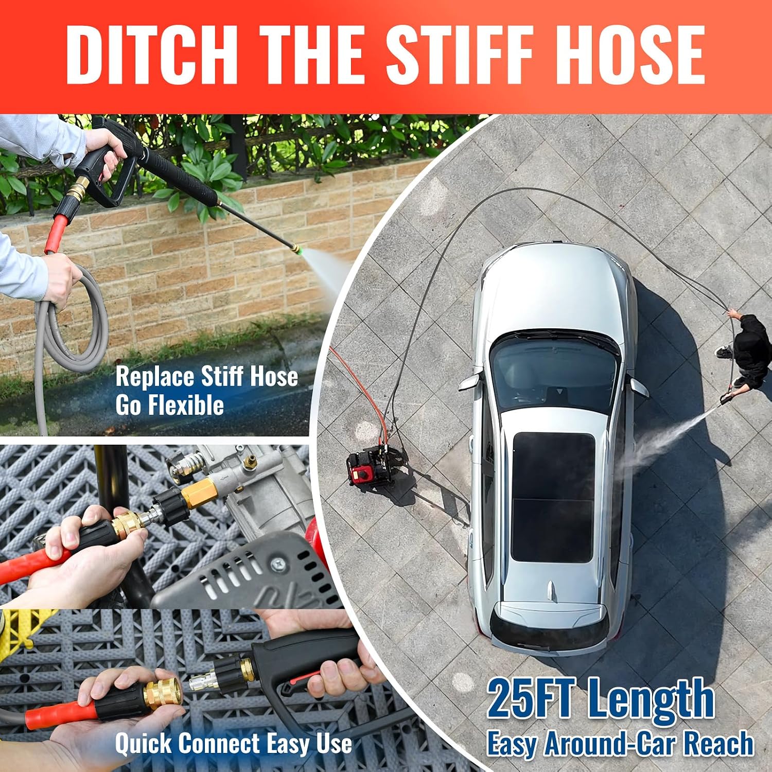 YAMATIC Flexible Pressure Washer Hose 25 FT 1/4", M22-14mm Females