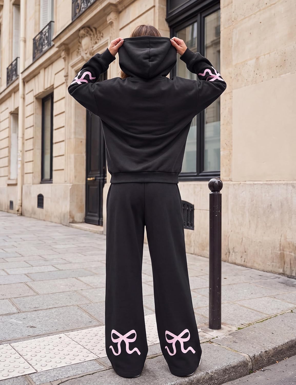 Livtany Women's 2 Piece Outfits Bow Trim Print Hoodie Sweatsuit Sets Oversized Sweatshirt Wide Leg Sweatpants With Pockets