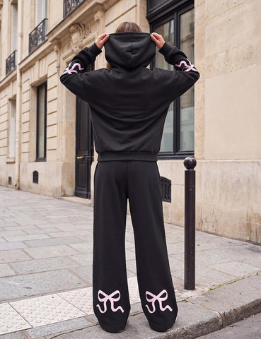 Livtany Women's 2 Piece Outfits Bow Trim Print Hoodie Sweatsuit Sets Oversized Sweatshirt Wide Leg Sweatpants With Pockets