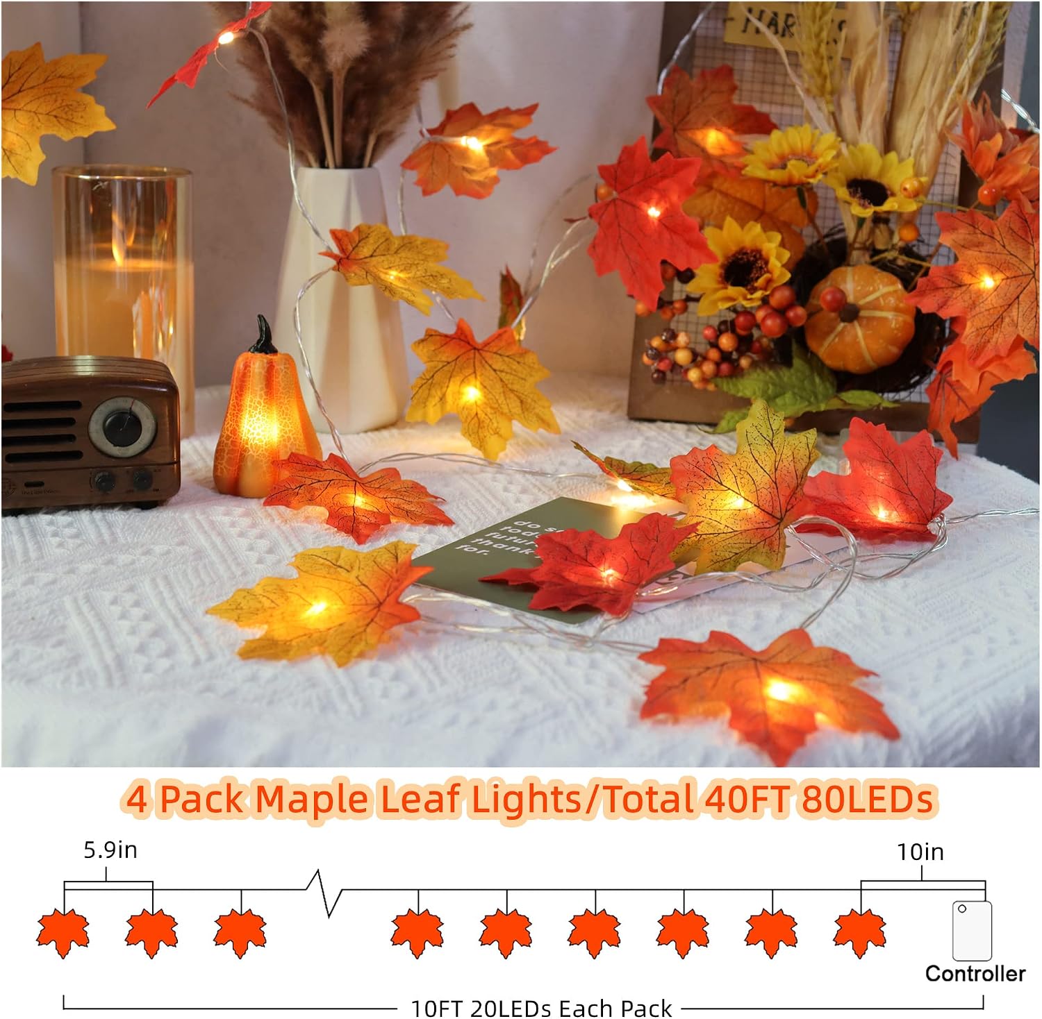 Runleo 4 Pack Fall Decorations Maple Leaf Lights Garland Total 40 ft 80 LED