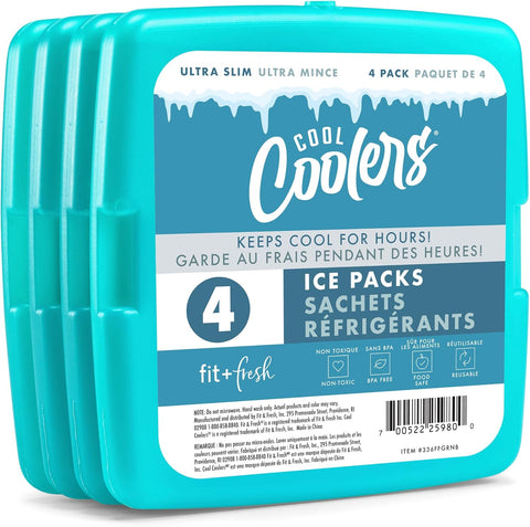 Cool Coolers by Fit & Fresh Slim Ice Packs, Quick Freeze Reusable Ice Packs for Lunch Boxes & Coolers, Long-Lasting, Space Saving Lunch Ice Packs, Blue, 4Pk