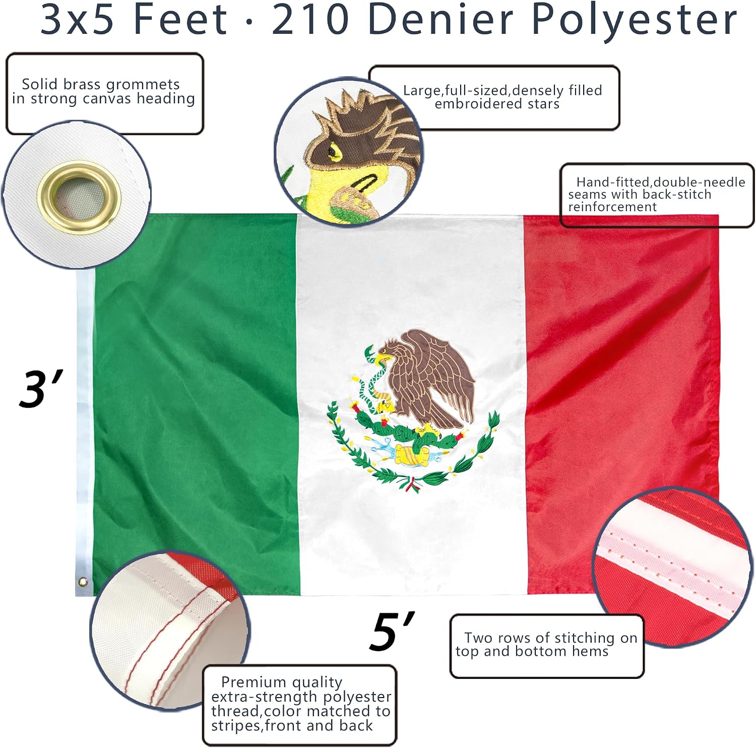 Anley EverStrong Series Embroidered Mexico Flag 3x5 Ft - Embroidery & Heavy Duty Canvas Header - 4 Rows of Lock Stitching - Mexican MX National Flag with Brass Grommets 3 X 5 Ft