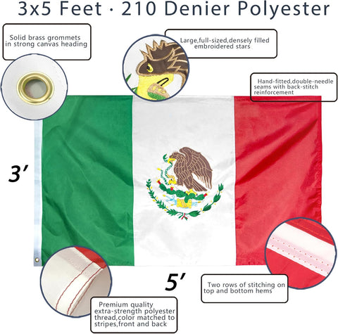 Anley EverStrong Series Embroidered Mexico Flag 3x5 Ft - Embroidery & Heavy Duty Canvas Header - 4 Rows of Lock Stitching - Mexican MX National Flag with Brass Grommets 3 X 5 Ft
