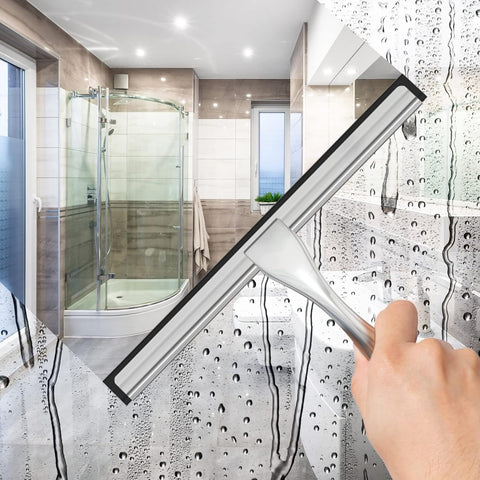 All-Purpose Stainless Steel Shower Squeegee for Shower Glass Door with 2 Adhesive Hooks, Bathroom Cleaner Tool Household Window Mirror Squeegee for Glass Doors, Cleaning Tile Wall, Car, 14 Inch Silver