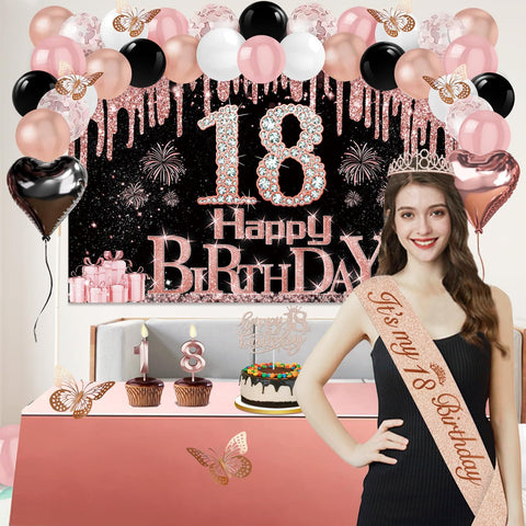 Juesly 18th Birthday Decorations for Girls Rose Gold Black 49pcs