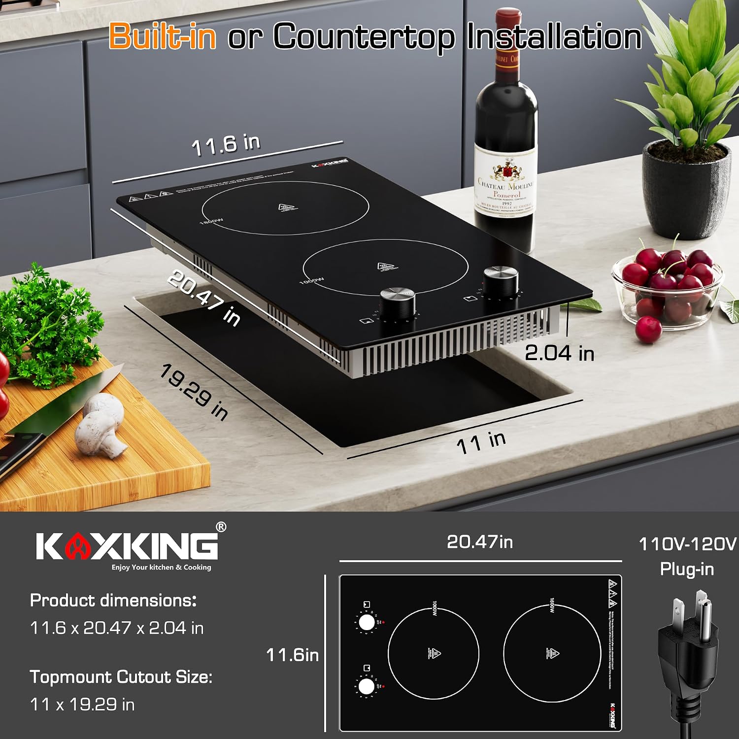 2 Burner Electric Cooktop 12 Inch, 120V Plug-In, Knob Control