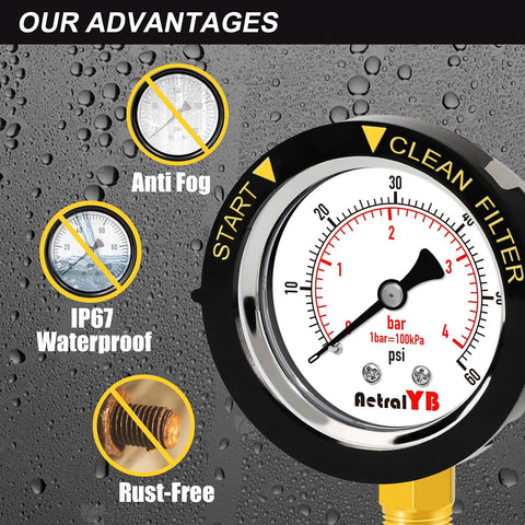 60Psi Pool Filter Pressure Gauge, IP67 Waterproof,2" Dial,1/4NPT