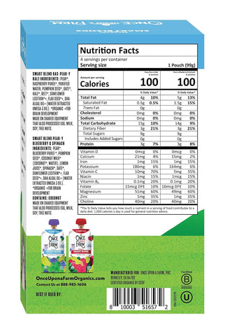 Once Upon a Farm Organic Smart Blend, Pear-y Blueberry and Spinach and Rasp-Pear-y Kale Variety 4PK, Kids Snack, 3.5oz Pouch