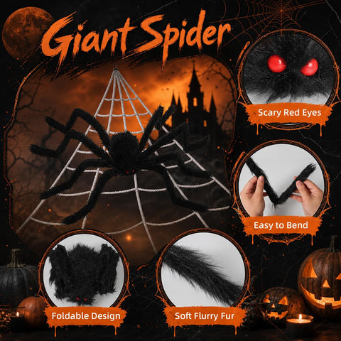 Land Guard 236'' Big Spider Web Halloween Decor+70'' Huge Spider for Roof with Triangular Big Web for on House Outside and Inside
