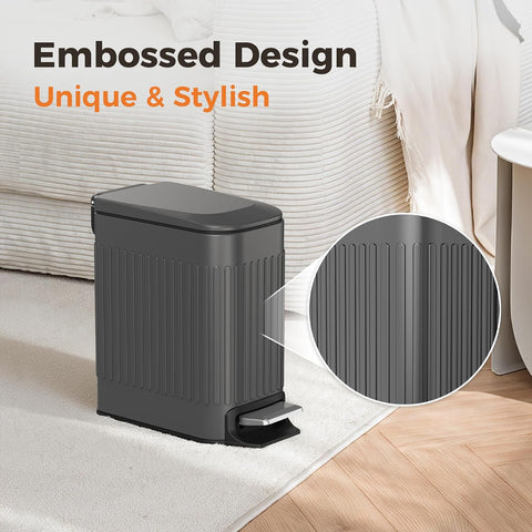 TrashAid Small 1.6 Gallon Stainless Steel Trash Can with Removable Inner Bucket, Grey, Hands Free Step Pedal Design