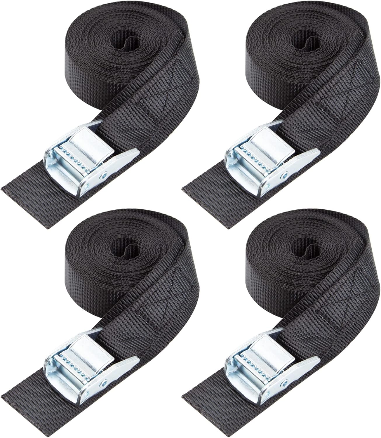 Cartman 1" x 15 ft Cam Buckle Straps, 4 Pack, 600 lb Break Strength, Black