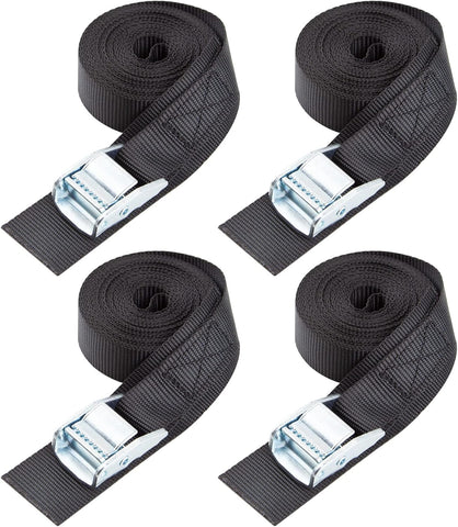 Cartman 1" x 15 ft Cam Buckle Straps, 4 Pack, 600 lb Break Strength, Black