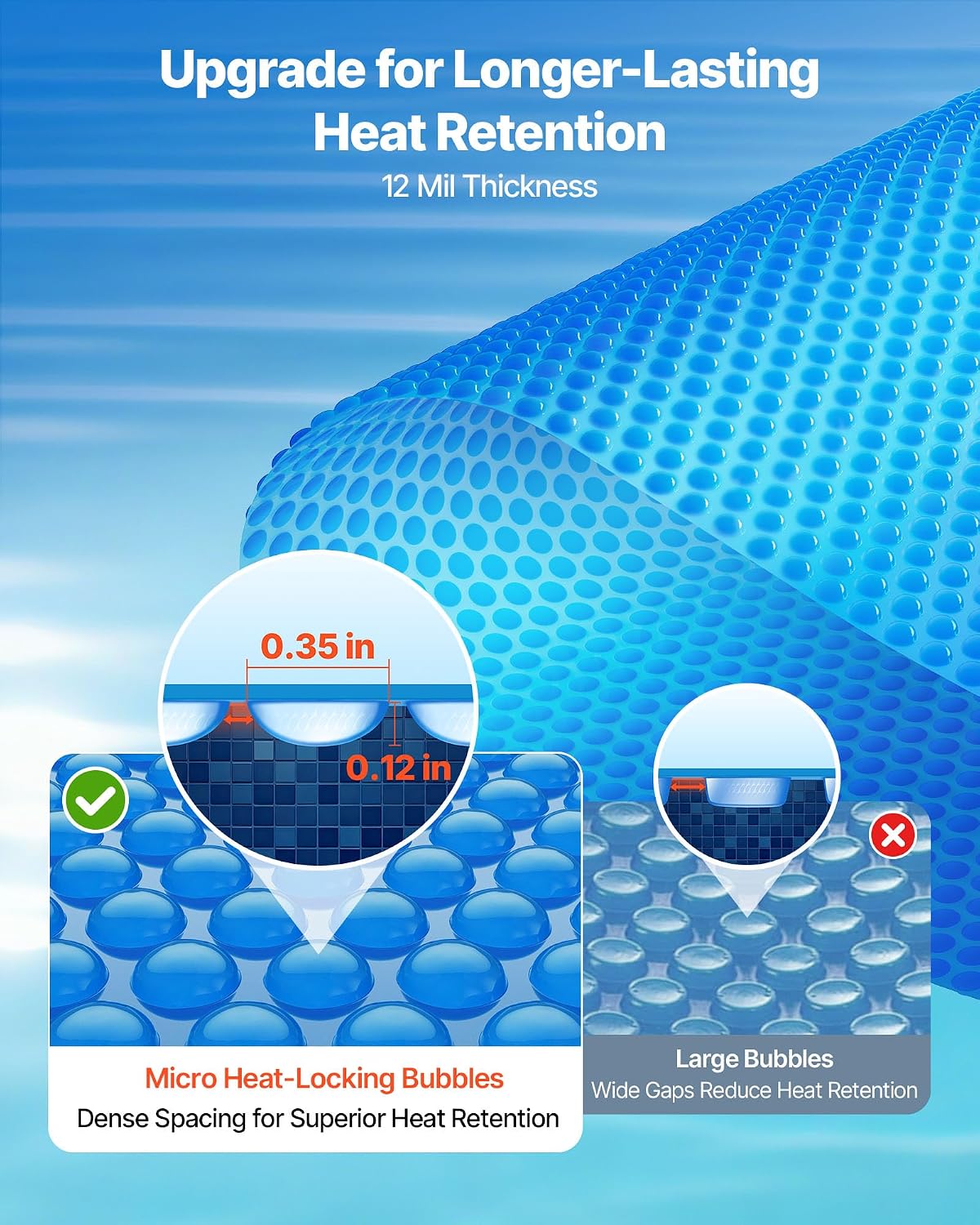 VEVOR Solar Pool Cover 36 x 16 ft, 12 Mil Rectangle Solar Blanket Blue