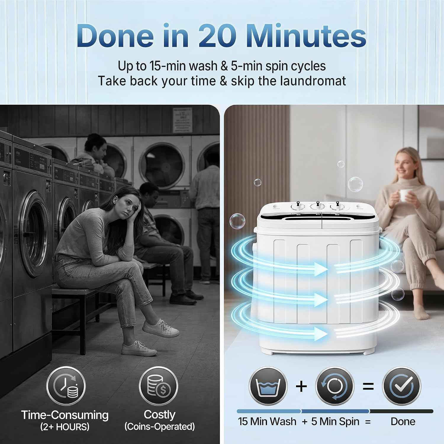 ZenStyle Twin Tub Small Washing Machine 13lbs, Portable with Built-In Washer Spinner & Gravity Pump, 5.74 FT Cord, for Dorm, Apartment, RV, Camping (White and Black)