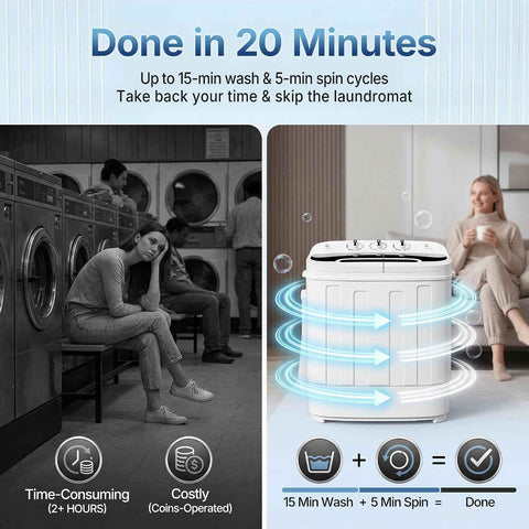 ZenStyle Twin Tub Small Washing Machine 13lbs, Portable with Built-In Washer Spinner & Gravity Pump, 5.74 FT Cord, for Dorm, Apartment, RV, Camping (White and Black)