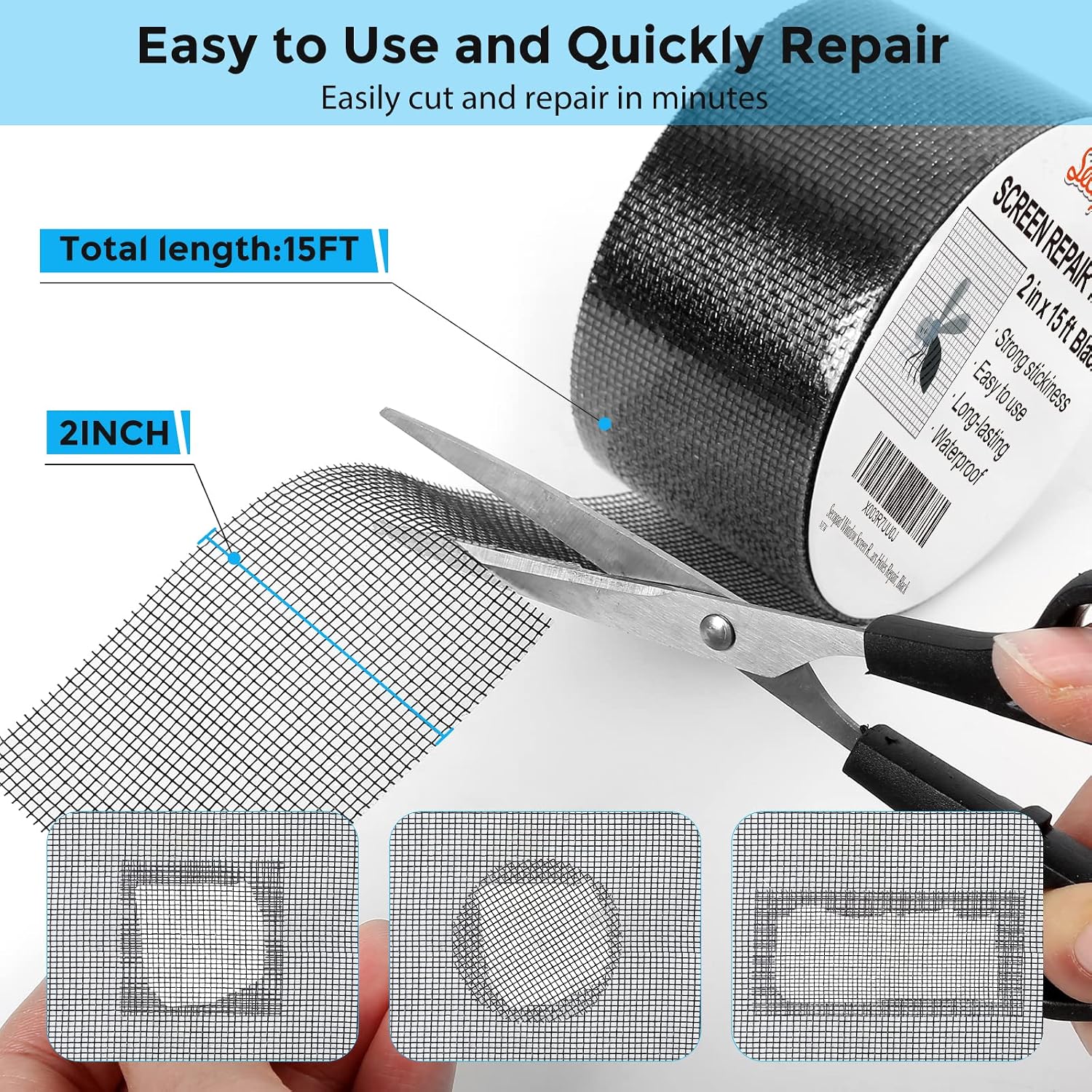 Secopad Black Window Screen Repair Tape, 2 in X 15 FT (180IN) Screen Repair Kit for Windows or Doors, Strong Adhesive Screen Patch Fiberglass Screen Tape Mesh Repair (Pack of 2)