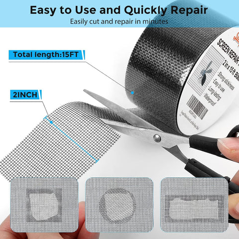 Secopad Black Window Screen Repair Tape, 2 in X 15 FT (180IN) Screen Repair Kit for Windows or Doors, Strong Adhesive Screen Patch Fiberglass Screen Tape Mesh Repair (Pack of 2)