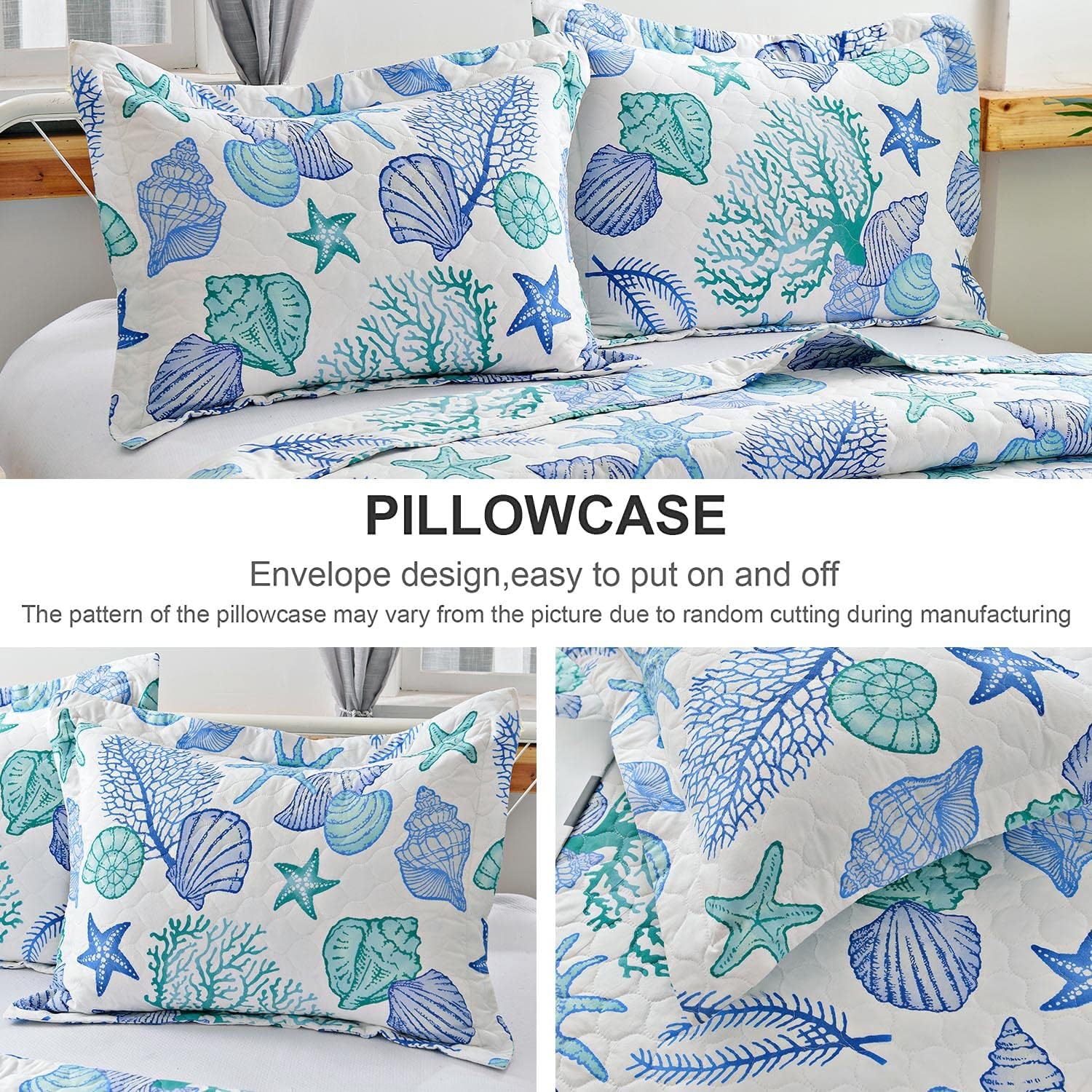 3 Piece Quilts Full/Queen Size Ocean Theme,Lightweight Coastal Beach Bedding Seashell Conch Starfish Bedspread Coverlet with 2 Pillowshams