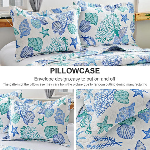 3 Piece Quilts Full/Queen Size Ocean Theme,Lightweight Coastal Beach Bedding Seashell Conch Starfish Bedspread Coverlet with 2 Pillowshams