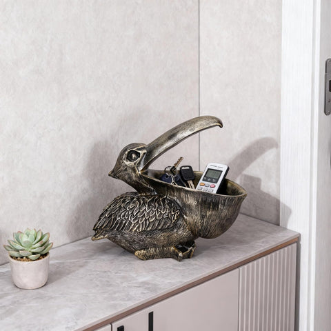 Pelican Key Holder Statues,Fun Animal Hippo Candy Dish,Candy Dish for Office Desk Unique,Modern Key Holder for Pelican Figurine,Suitability Desk bowl and Entry Table Decor Items (Bronze)