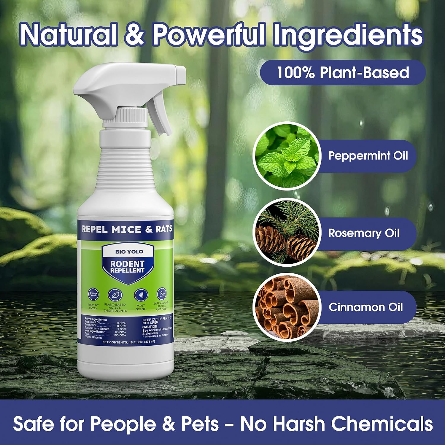 Rodent Repellent Spray– Effective Natural Peppermint Formula Repel Mice, Rats, Squirrels, and Rodents. Safe for Indoor, Outdoor, and Car Engines. Safe for People and Pets. (1, Rodent 16oz)
