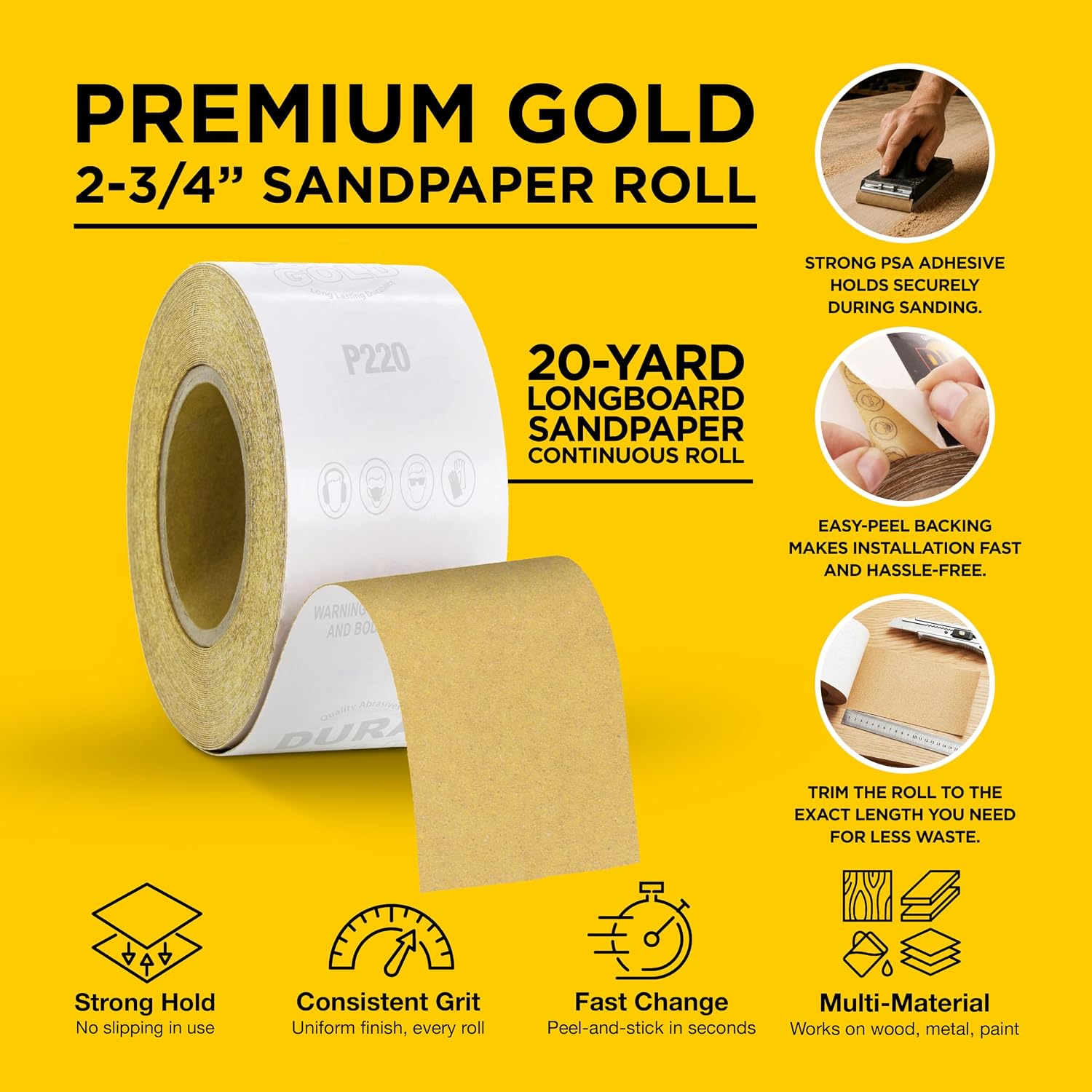 Dura-Gold Gold PSA Longboard Sandpaper, 220 Grit, 20 Yard Roll, 2-3/4" Wide