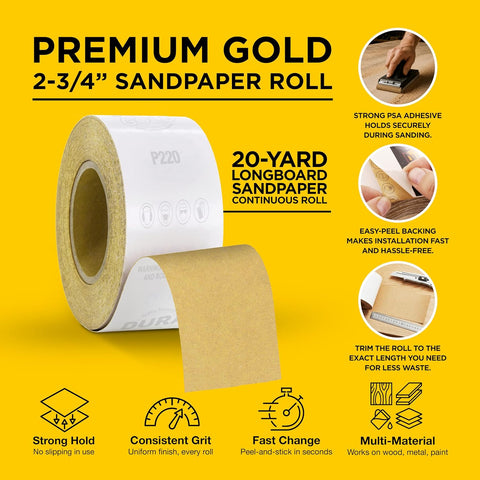 Dura-Gold Gold PSA Longboard Sandpaper, 220 Grit, 20 Yard Roll, 2-3/4" Wide