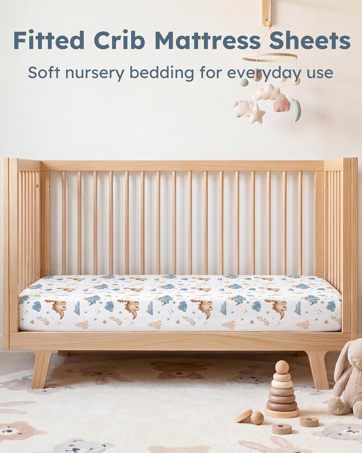 Baby Crib Sheets for Boys Girls, Toddler Bed Sheets Fitted for 52"x28" Standard Crib and Toddler Mattresses, 4 Pack Soft Stretchy Microfiber Khaki Blue Dinosaur